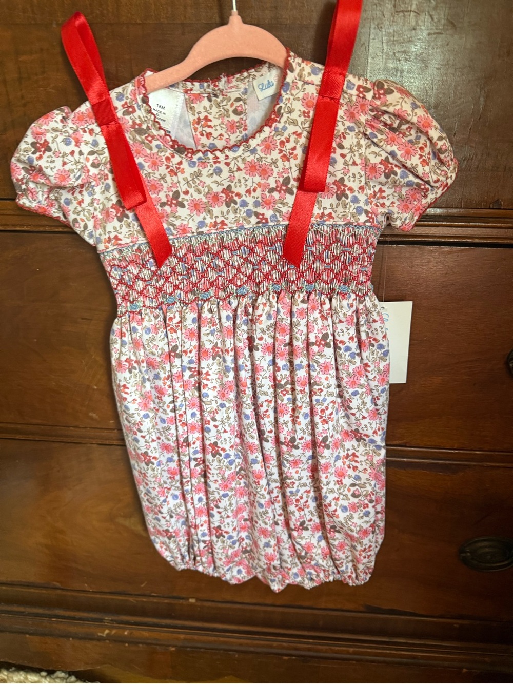 Girls Floral Smocked Bubble Dress with Red Ribbon Ties